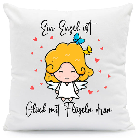 Bedrucktes Kissen mit Spruch Ein Engel ist Glück mit Flügeln dran