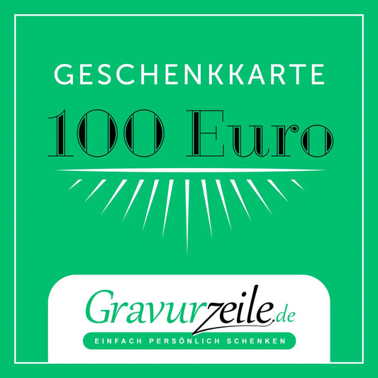 Geschenkkarte von GRAVURZEILE im Wert von 100 Euro, elegante Geschenkidee mit personalisierbarer Gravur, auf weißem Hintergrund.