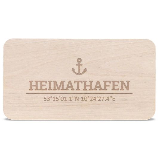 Frühstücksbrettchen "Heimathafen" mit Koordinaten-Gravur