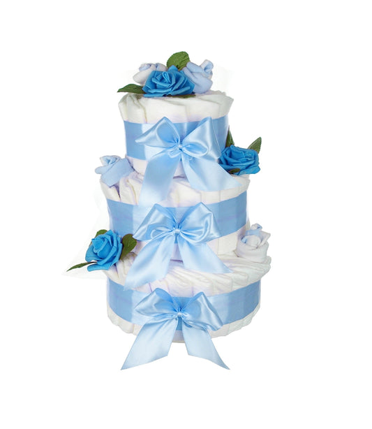Große Windeltorte Rosenblüte | 3-stöckig blau