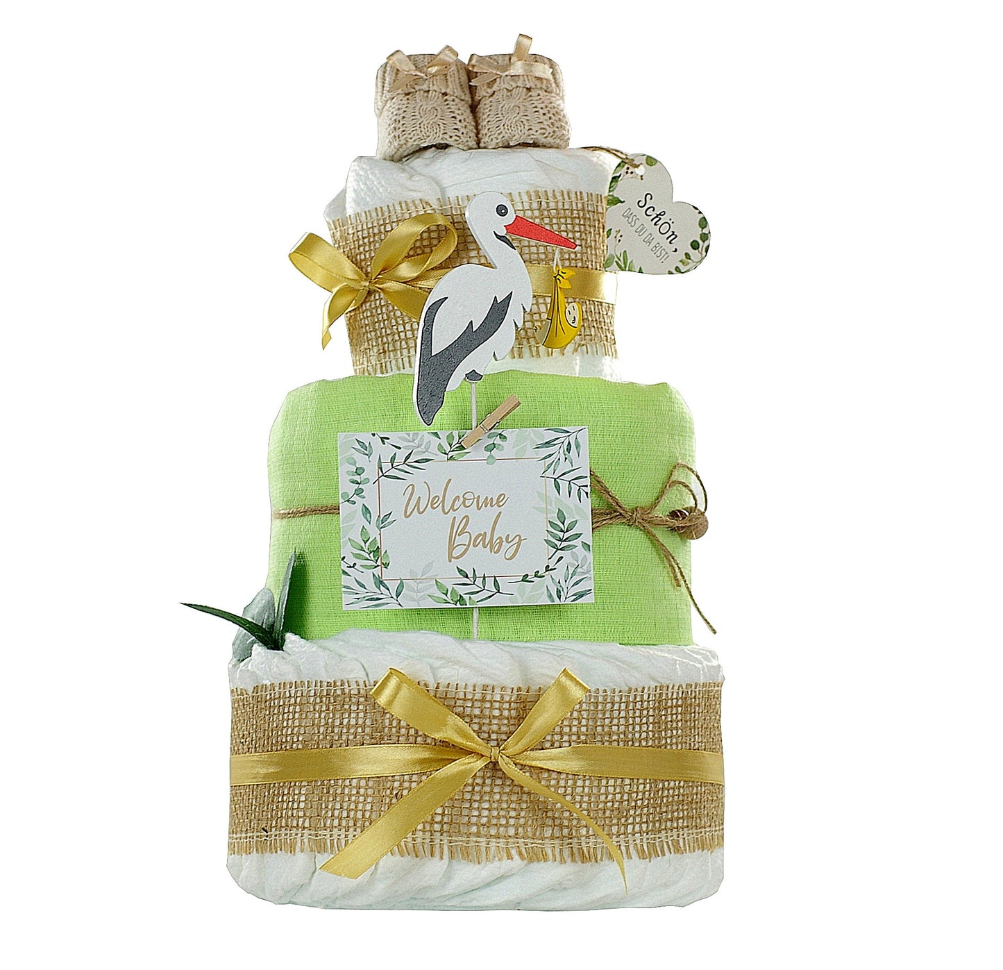 Neutrale Windeltorte Storch mit Bündel | inkl. Babybooties und Mullwindel | grün