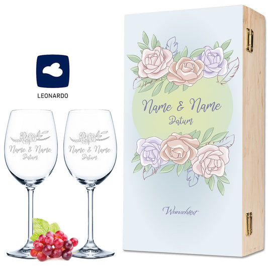 Leonardo Weingläser mit Gravur "Pastel Blue Roses" Design als Set inkl. bedruckter Holzkiste