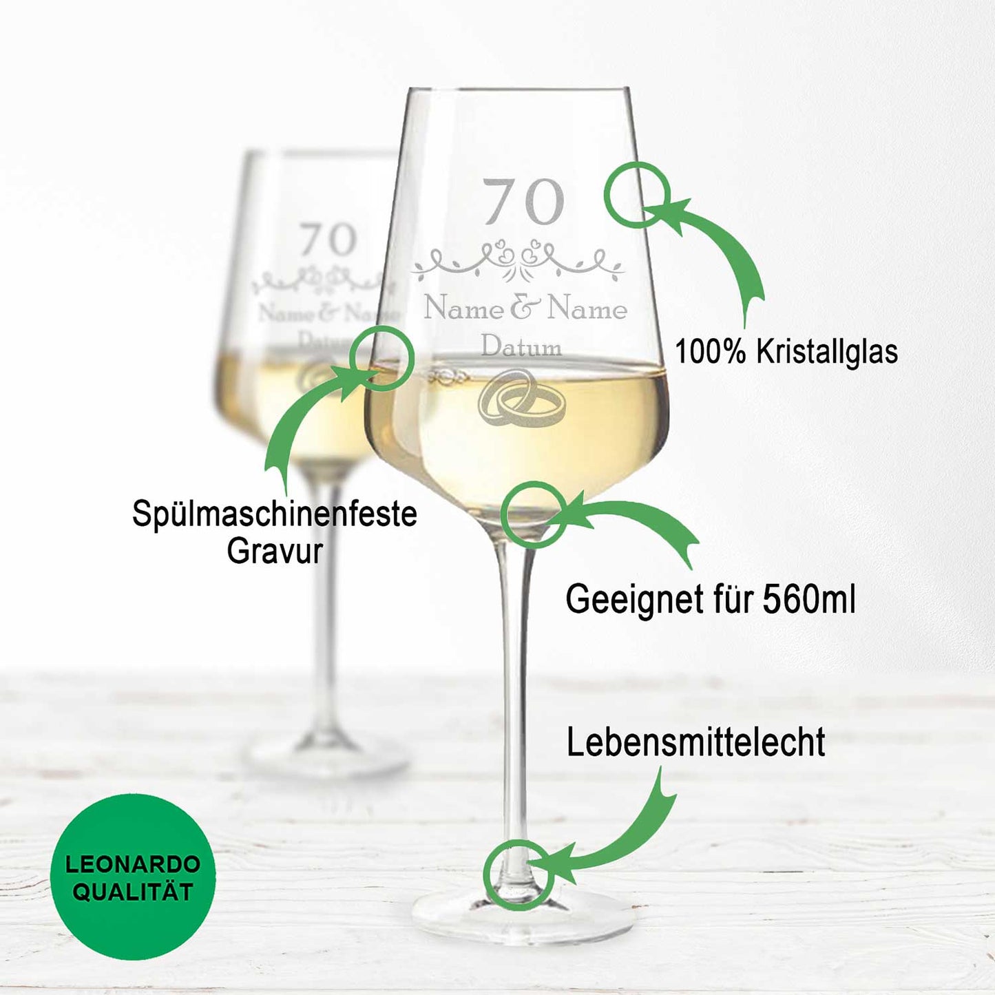 Leonardo Weingläser im "Gnadenhochzeit - 70 Jahre" Design als Set