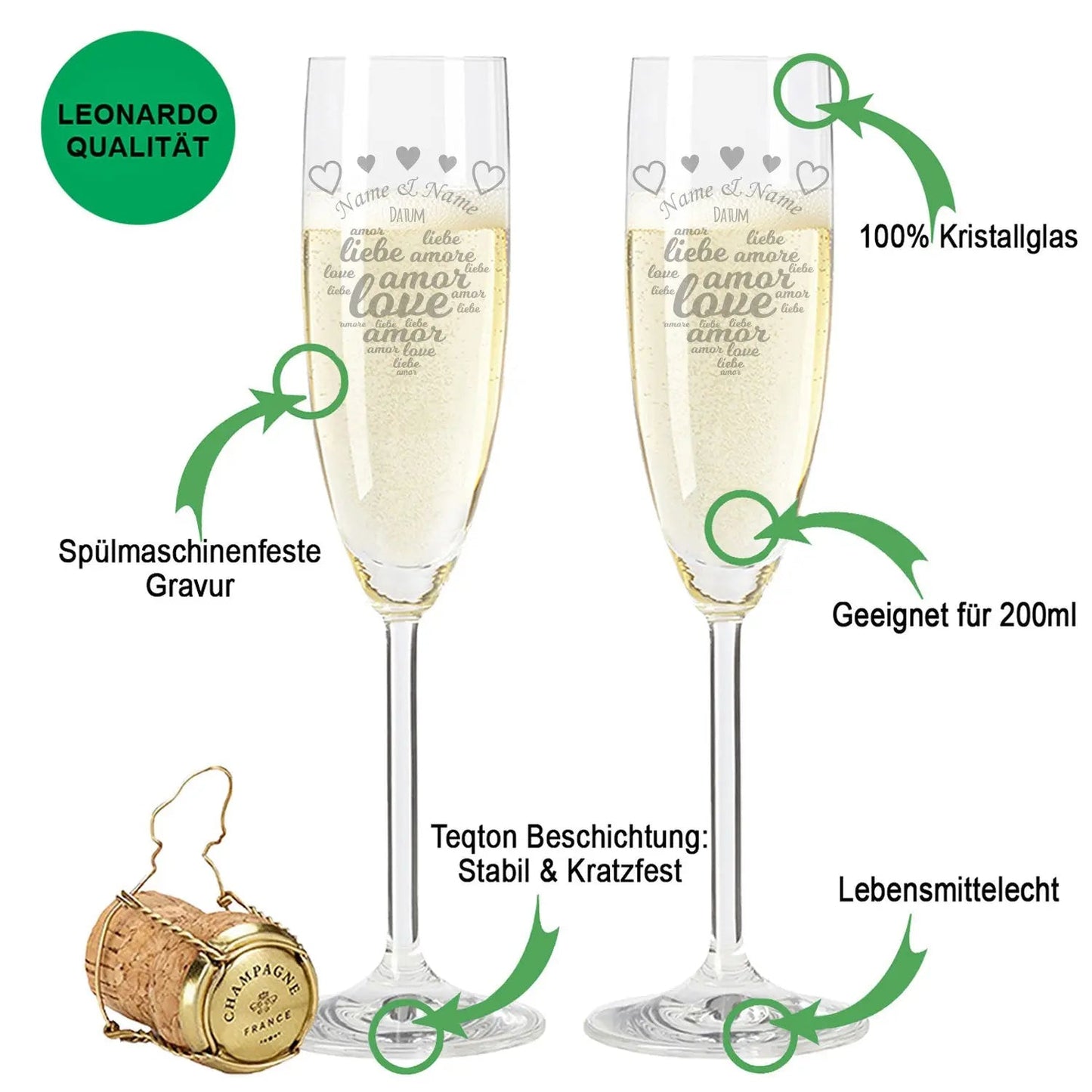 Leonardo Sektglas mit Gravur im "Amore" Design