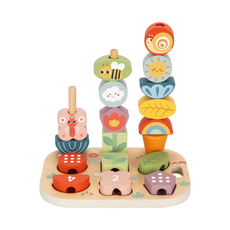 Montessori Holz Wald Steck- Einfädelspiel und Stapel Set mit Tierfiguren - Lern- & Motorikspielzeug für Kinder