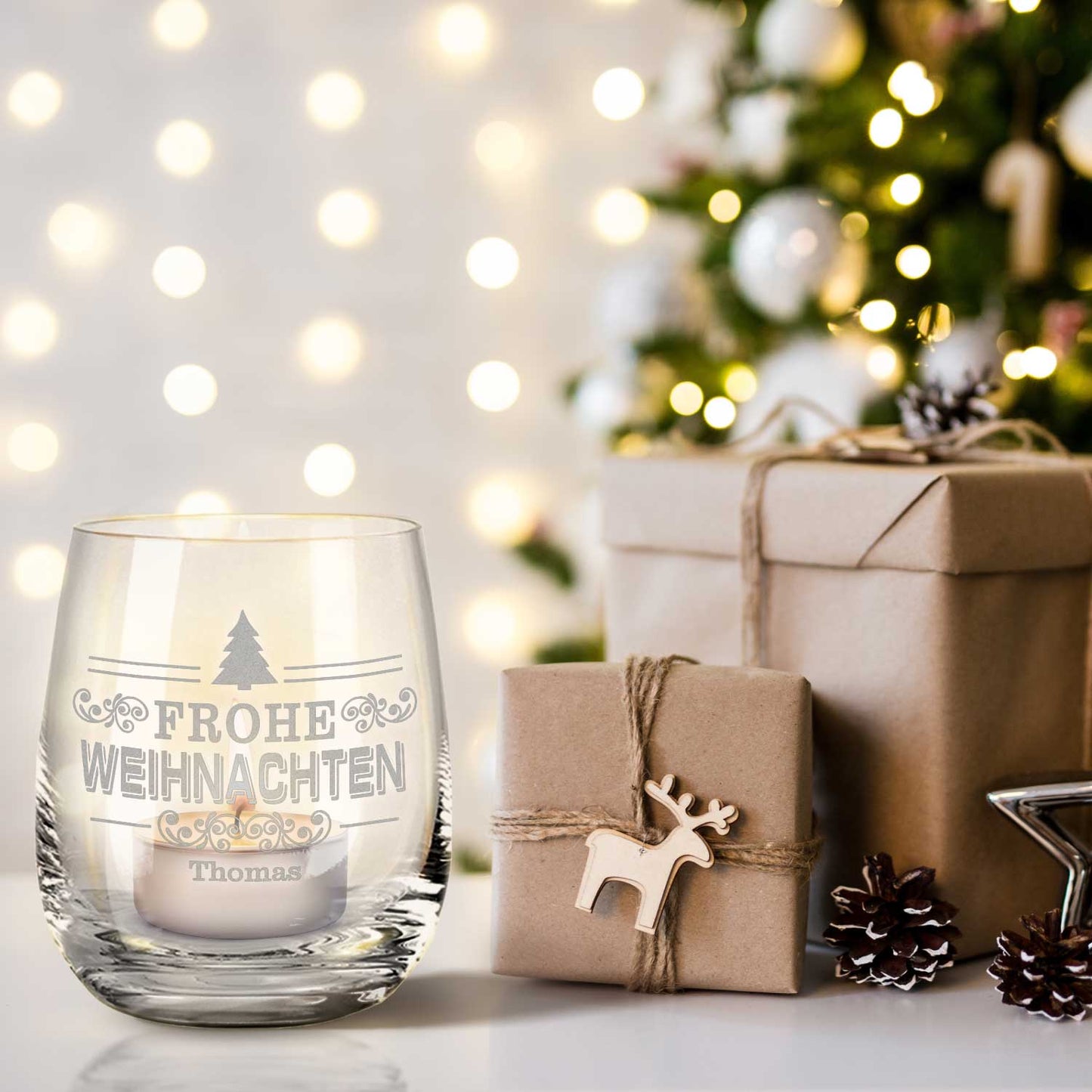 Teelicht mit Gravur - Weihnachtsdeko - Frohe Weihnachten Vintage V2 - Personalisiert mit Name