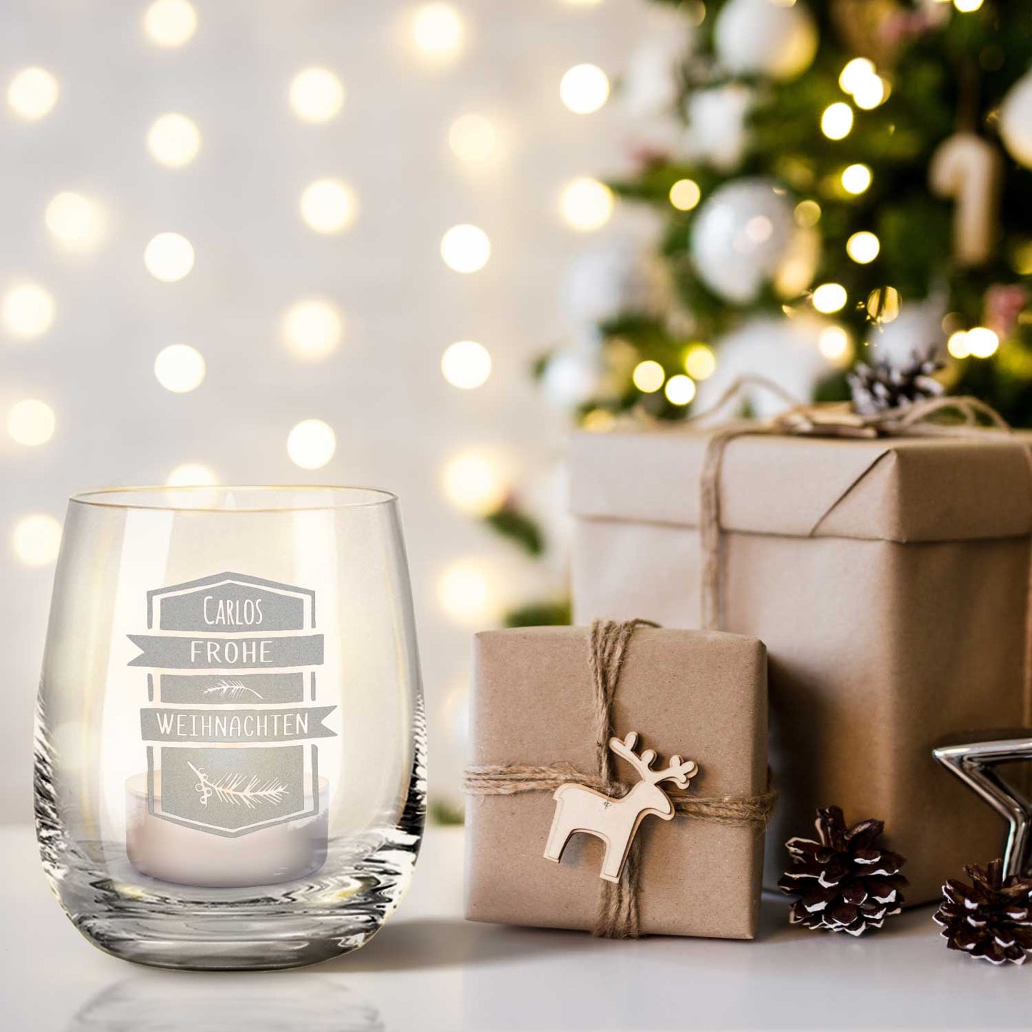 Teelicht mit Gravur - Weihnachtsdeko - Frohe Weihnachten Ast - Personalisiert mit Name