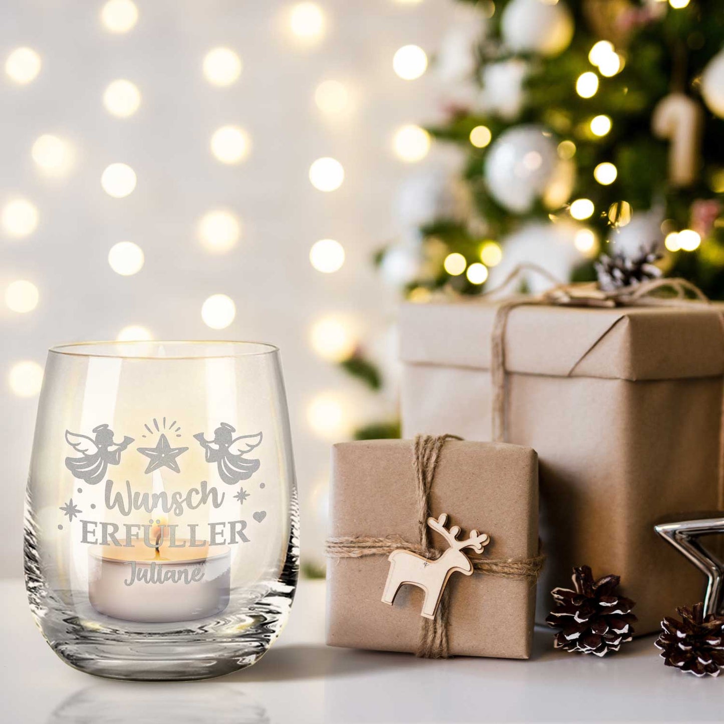 Teelicht mit Gravur - Weihnachtsdeko - Wunscherfüller Engel - Personalisiert mit Name