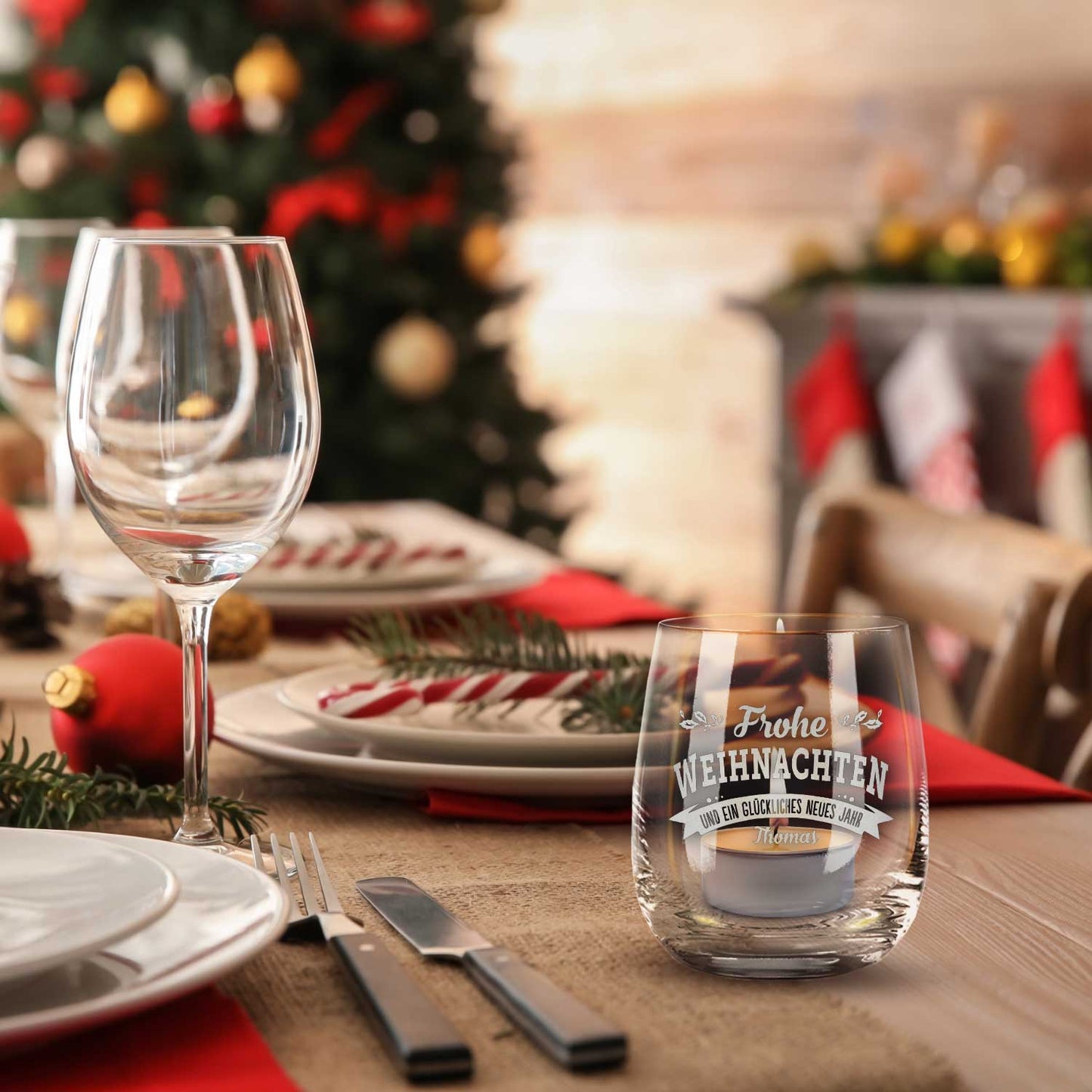 Teelicht mit Gravur - Frohe Weihnachten, Glückliches neues Jahr - Personalisiert mit Name