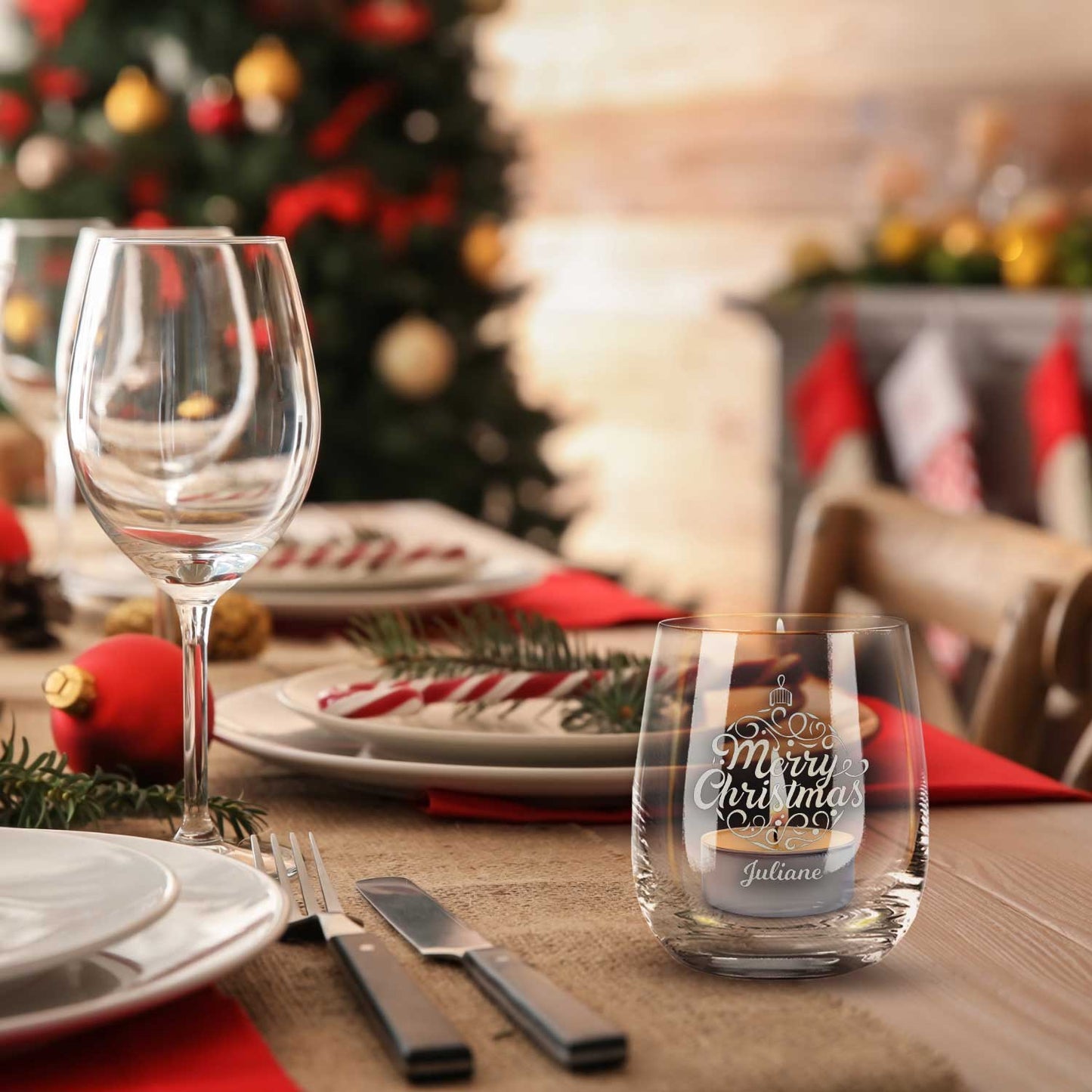 Teelicht mit Gravur - Weihnachtsdeko - Weihnachtskugel - Personalisiert mit Name