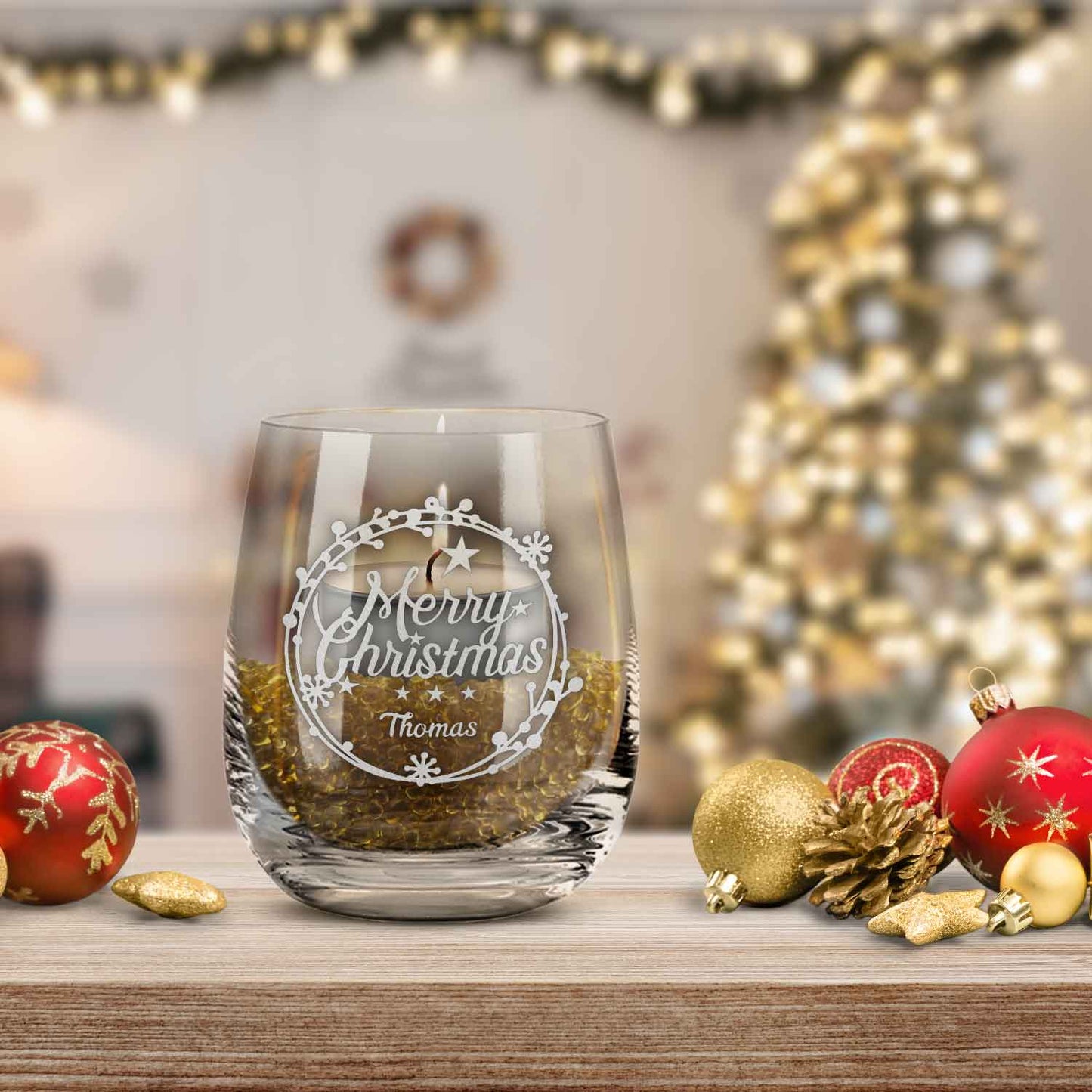Teelicht mit Gravur - Weihnachtsdeko - Merry Christmas Round Ornament - Personalisiert mit Name
