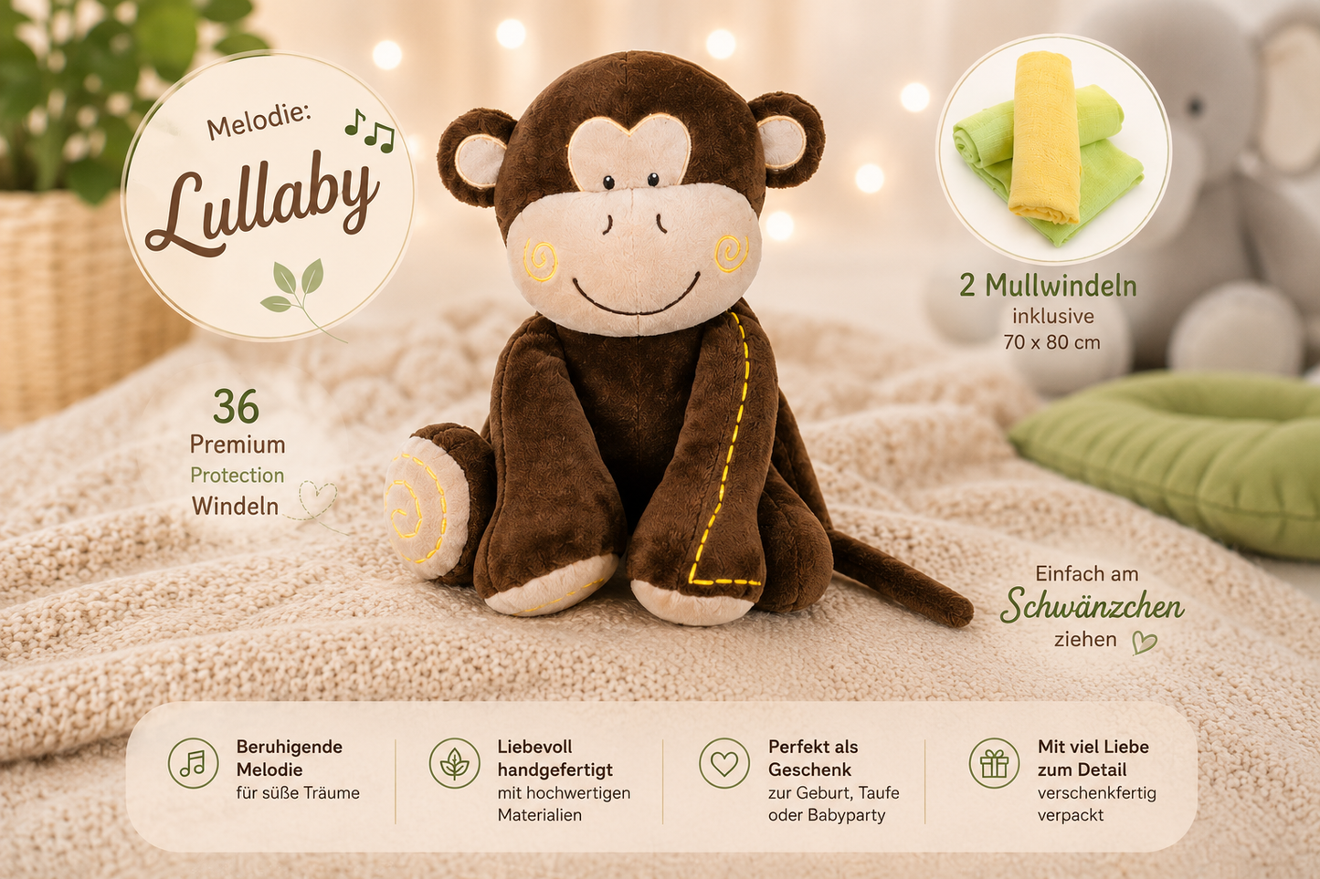 Windeltorte Safari mit Affen-Spieluhr – Geschenk zur Geburt