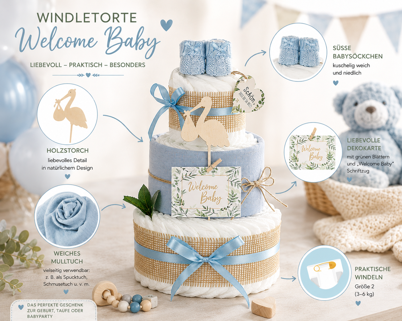 Windeltorte Storch blau – Geschenk zur Geburt Junge