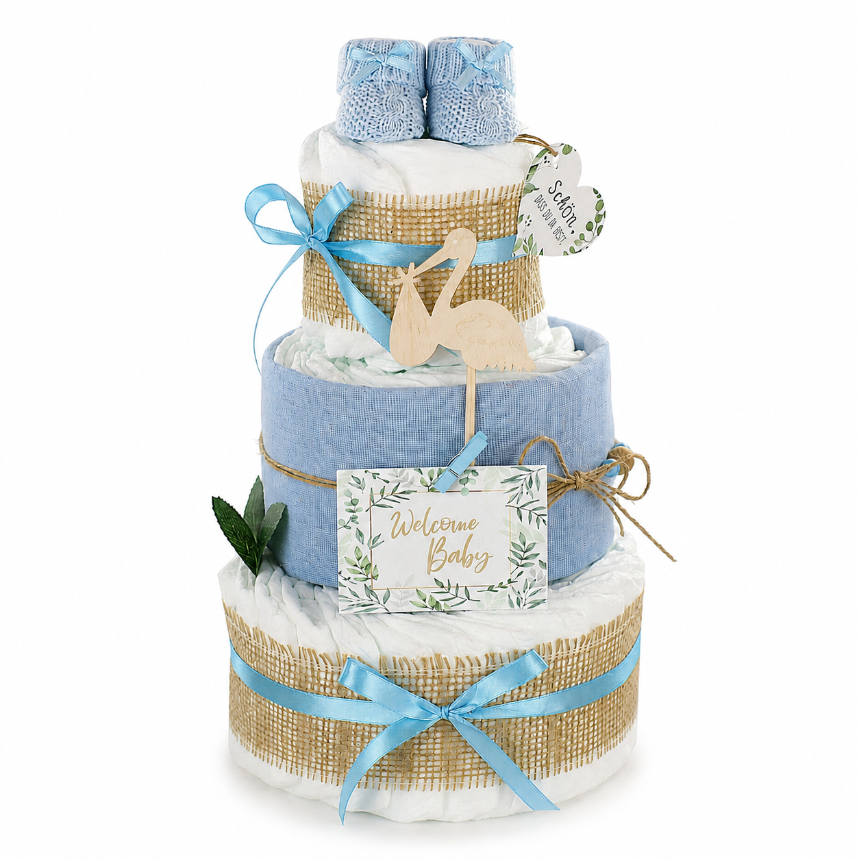 Windeltorte Storch blau – Geschenk zur Geburt Junge