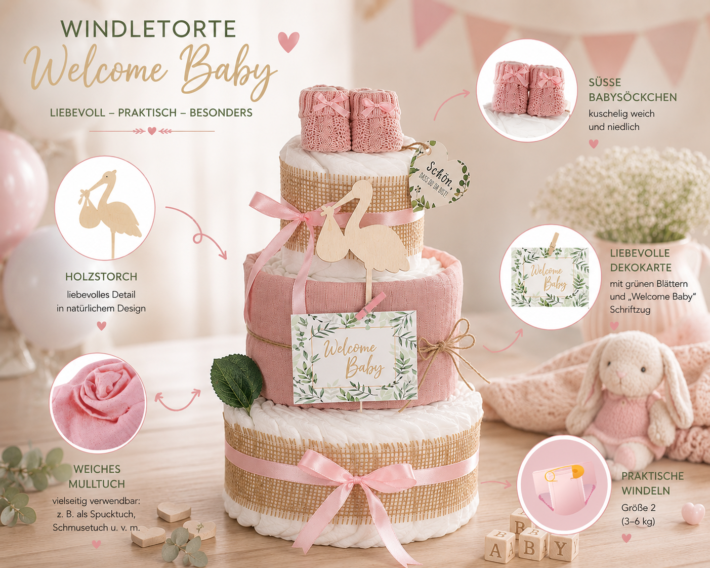 Windeltorte Storch rosa – liebevolles Geschenk zur Geburt