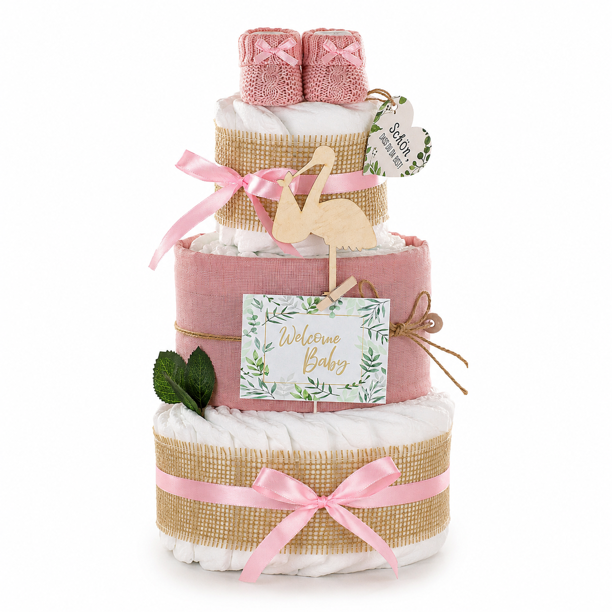 Windeltorte Storch rosa – liebevolles Geschenk zur Geburt