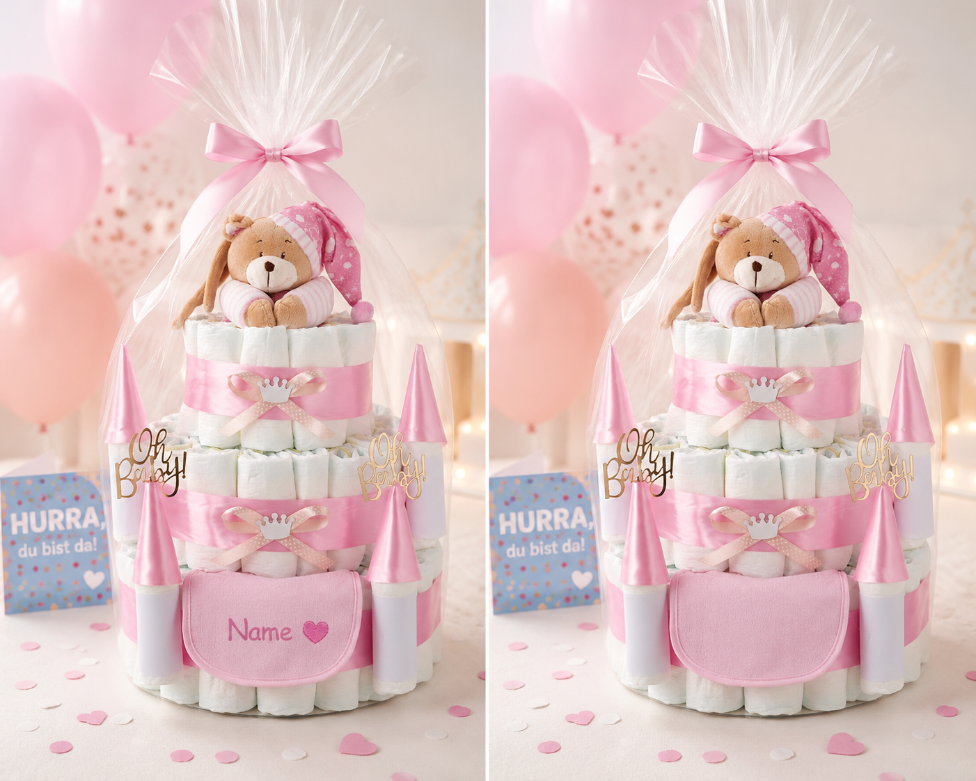 Windeltorte Schloss Rosa mit Spieluhr – personalisierbar