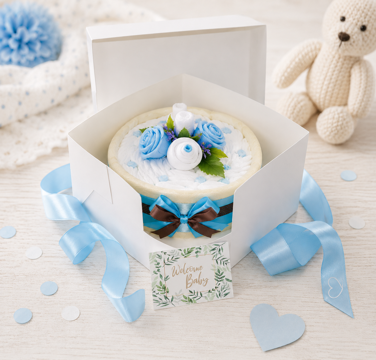Windeltorte für Jungen in Cakebox – Geschenk zur Geburt