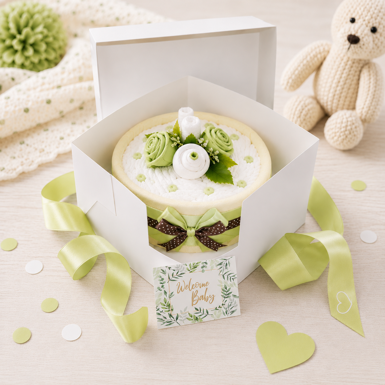 Windeltorte in Cakebox Grün – Geschenk zur Geburt