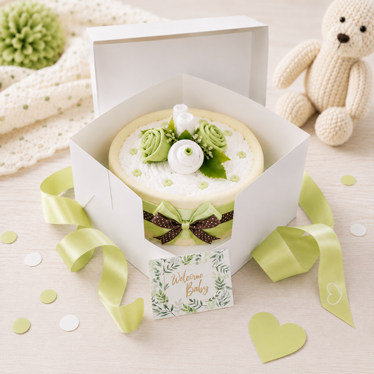 Windeltorte in Cakebox Grün – Geschenk zur Geburt