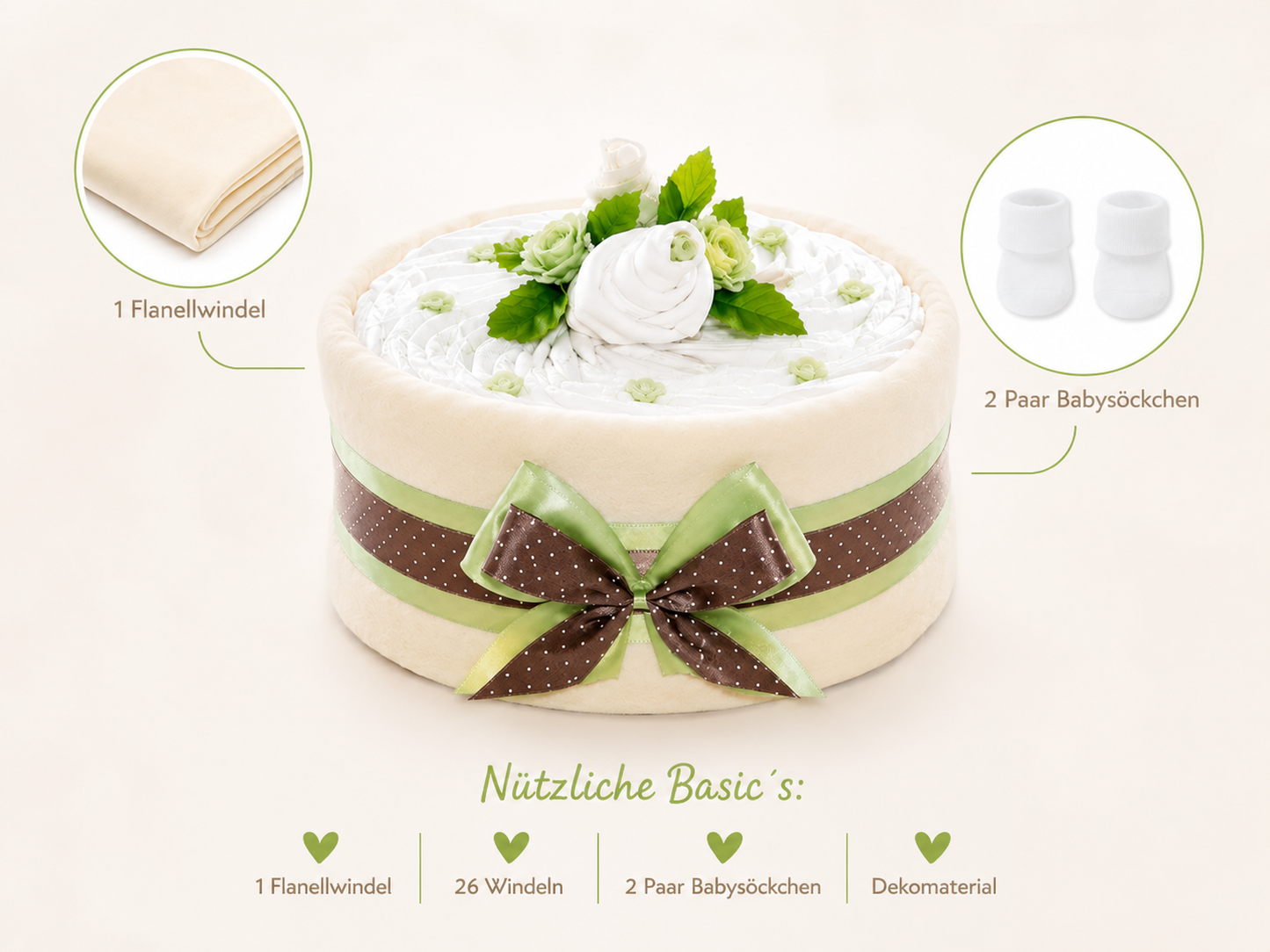 Windeltorte in Cakebox Grün – Geschenk zur Geburt