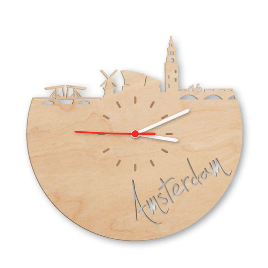 Wanduhr aus Holz Skyline Amsterdam
