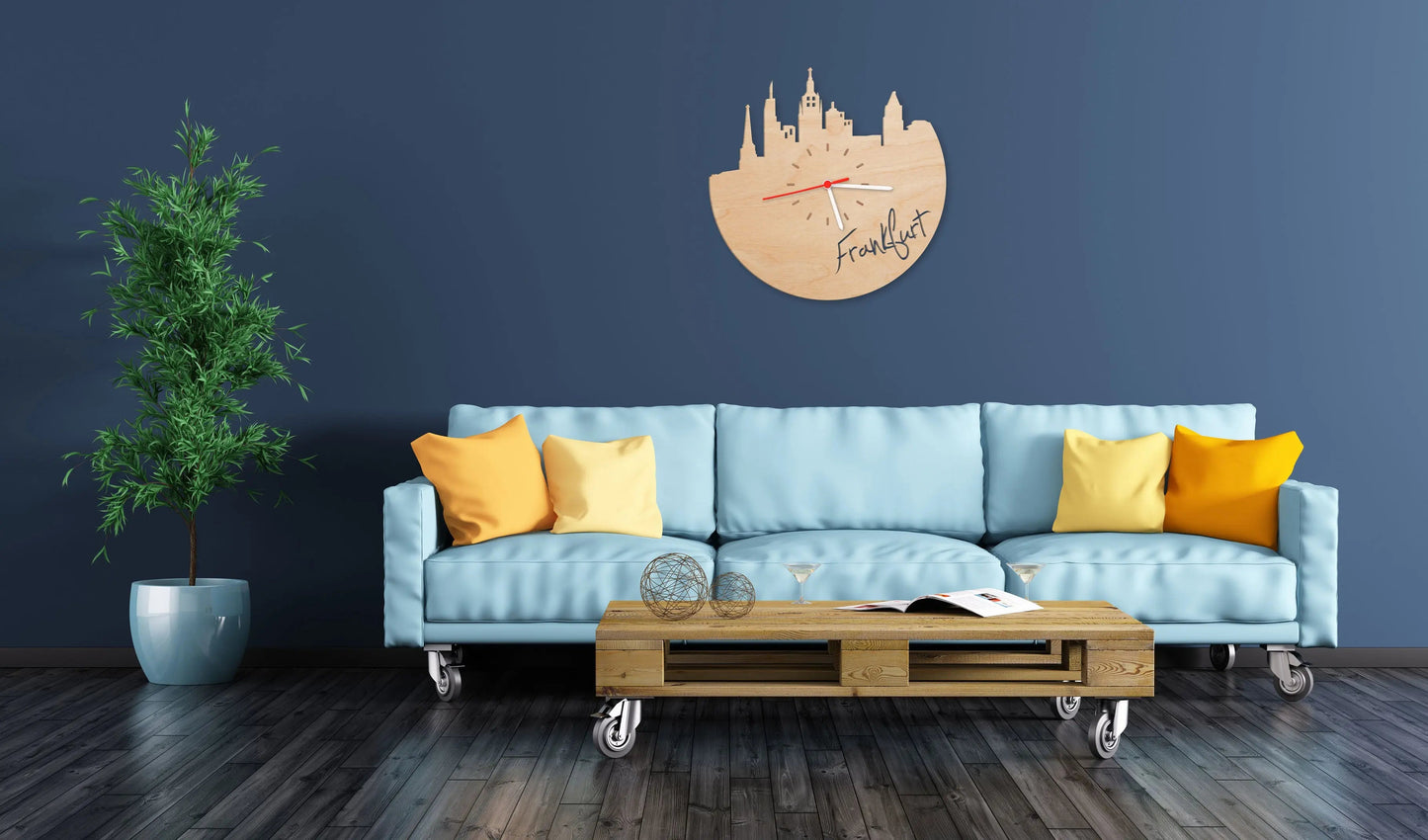 Wanduhr aus Holz Skyline Frankfurt