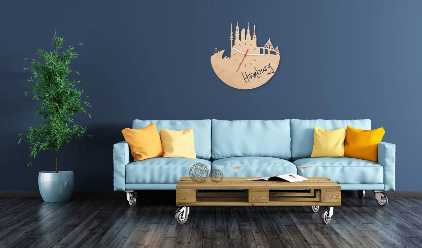 Wanduhr aus Holz Skyline Hamburg 2016