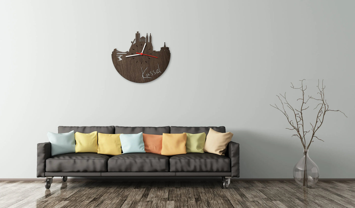 Wanduhr aus Holz Skyline Kassel
