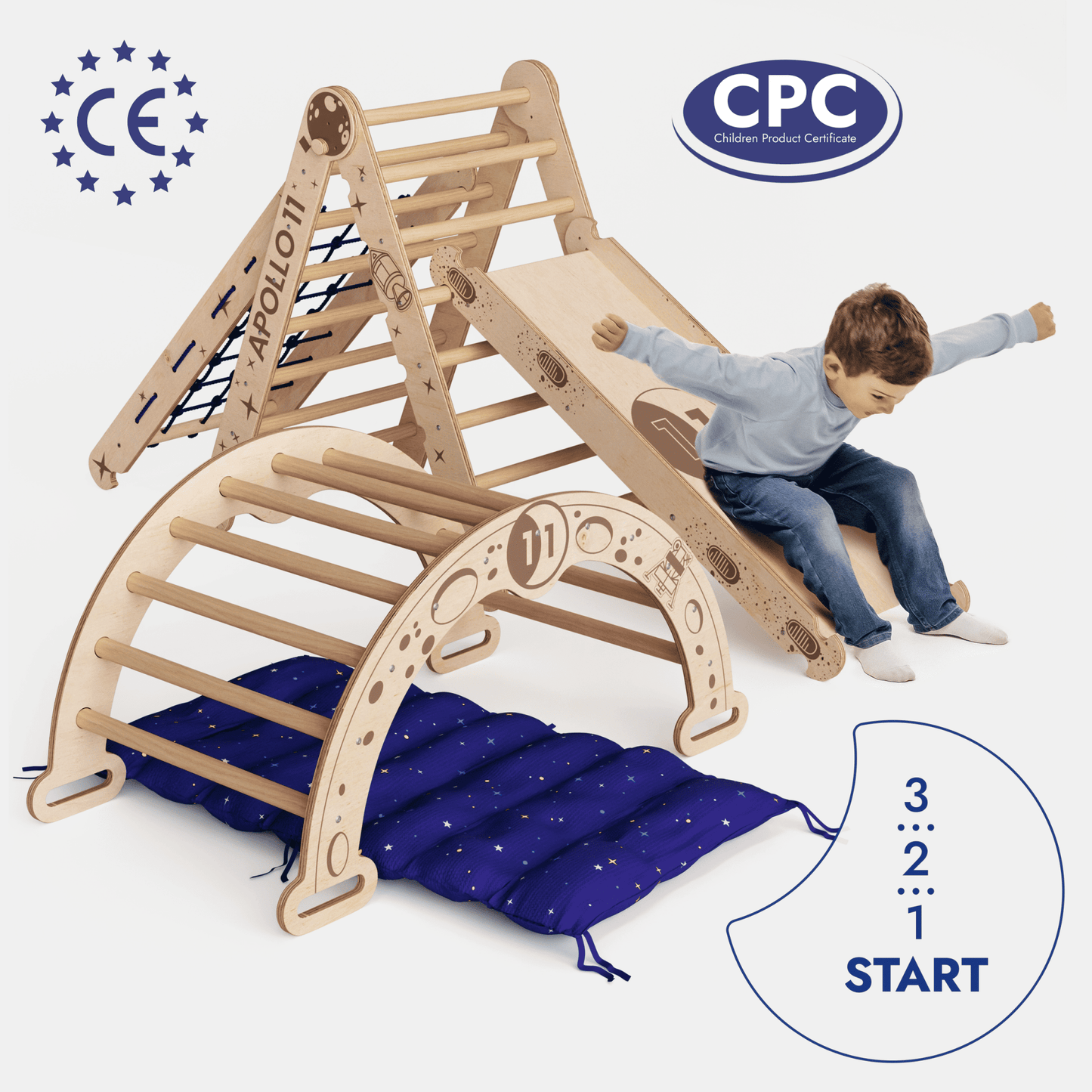 Apollo 5-in-1 Kletterset: Pikler-Dreieck, Kletterbogen, Rutschbrett, Kissen und Netz für kleine Astronauten