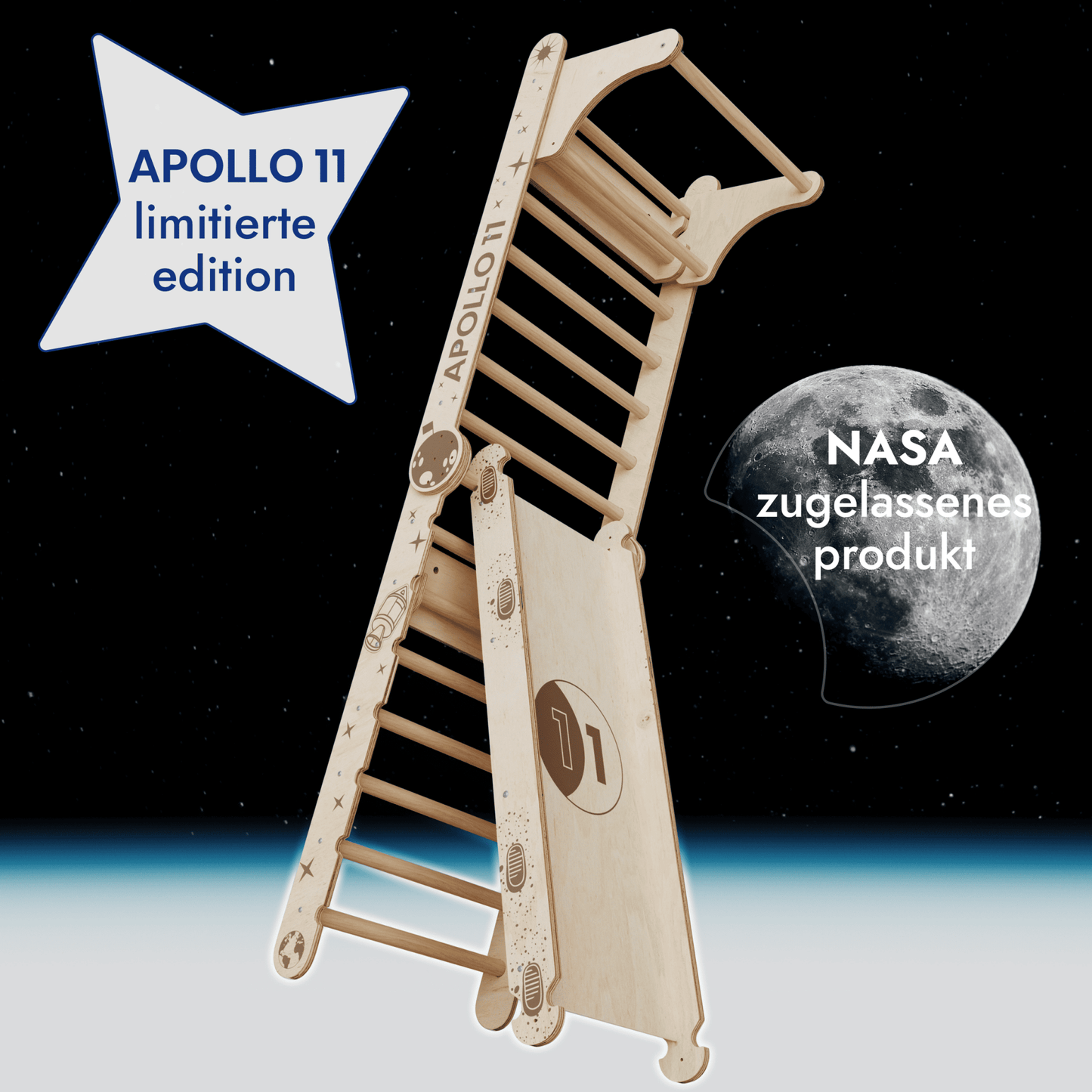 Apollo Schwedische Wand / Kletterleiter für kleine Astronauten + Mondschaukel-Set + Rutschbrett