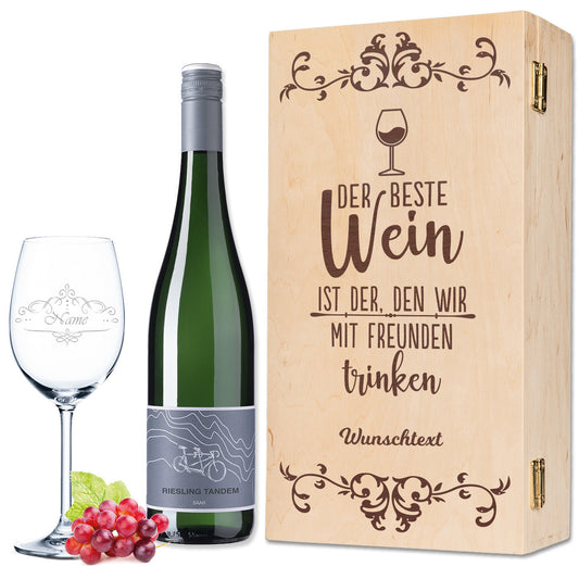 Leonardo Weinglas "Der beste Wein nur mit Freunden" inkl. bedruckter Holzkiste & Riesling Tandem