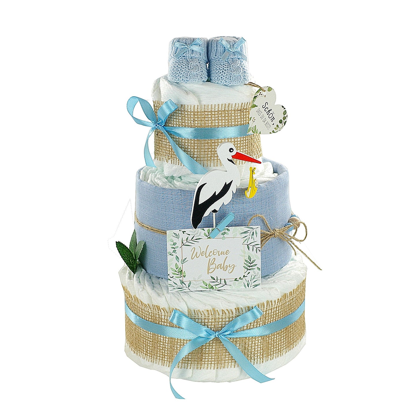 Windeltorte Storch mit Bündel | inkl. Babybooties und Mullwindel | blau