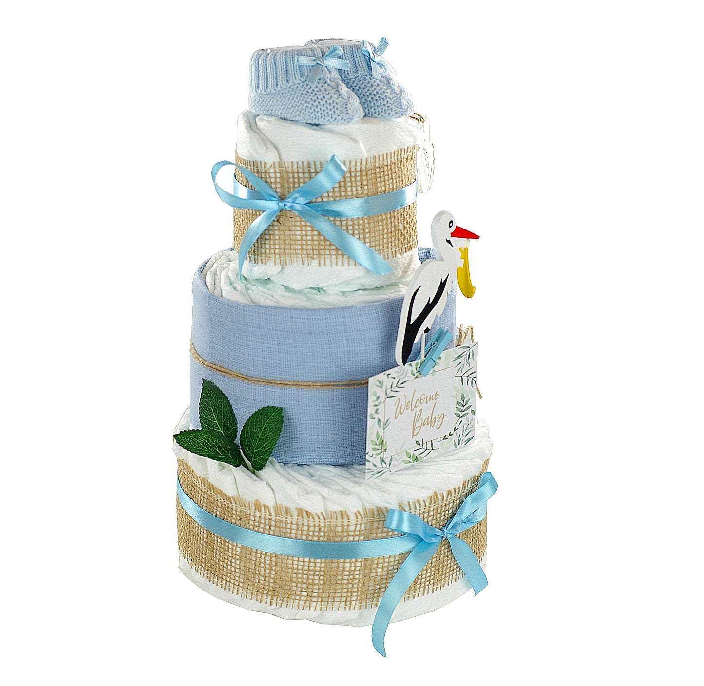 Windeltorte Storch mit Bündel | inkl. Babybooties und Mullwindel | blau