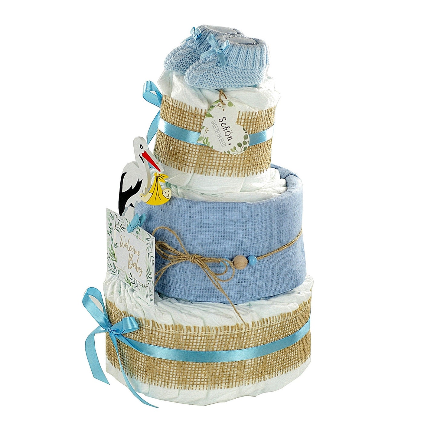 Windeltorte Storch mit Bündel | inkl. Babybooties und Mullwindel | blau