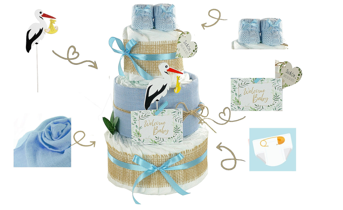 Windeltorte Storch mit Bündel | inkl. Babybooties und Mullwindel | blau