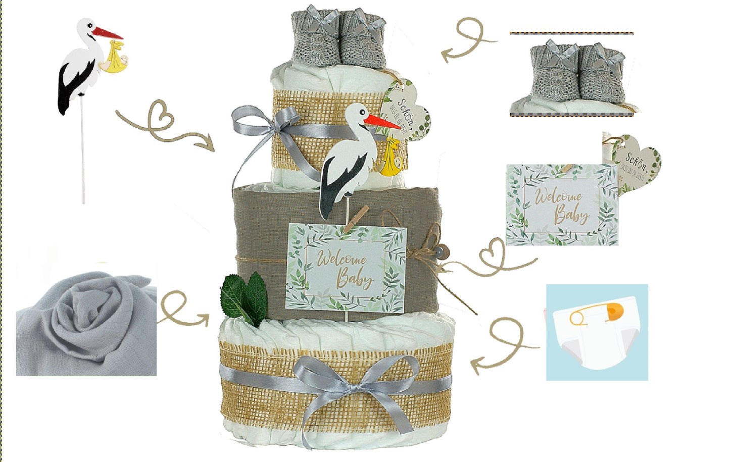 Neutrale Windeltorte Storch mit Bündel | inkl. Babybooties und Mullwindel | grau