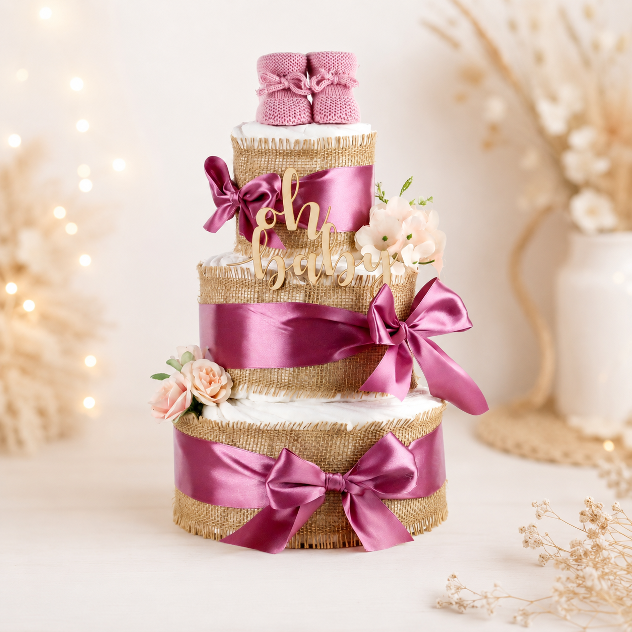 Windeltorte ALLES JUTE zur Geburt – Boho in Plum
