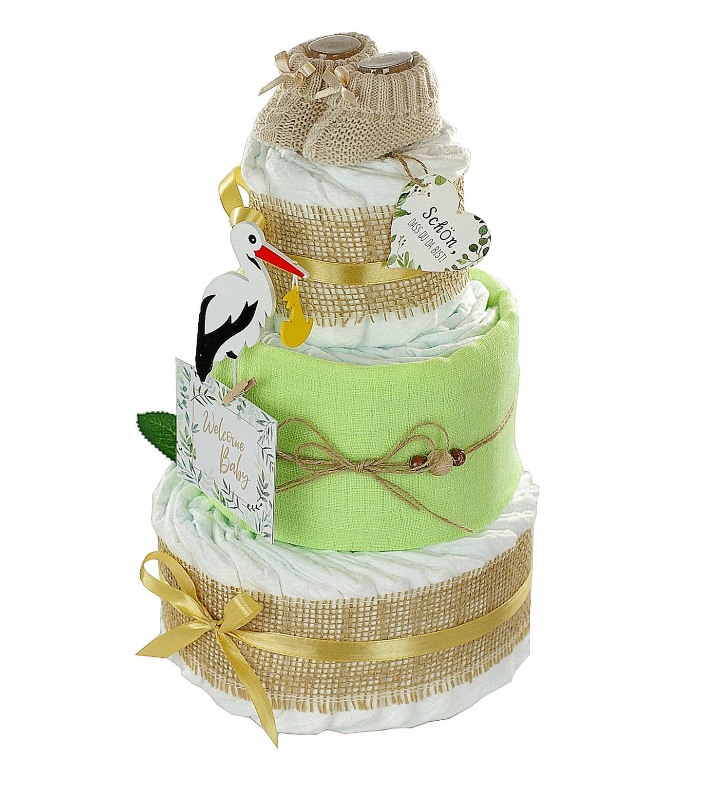 Neutrale Windeltorte Storch mit Bündel | inkl. Babybooties und Mullwindel | grün