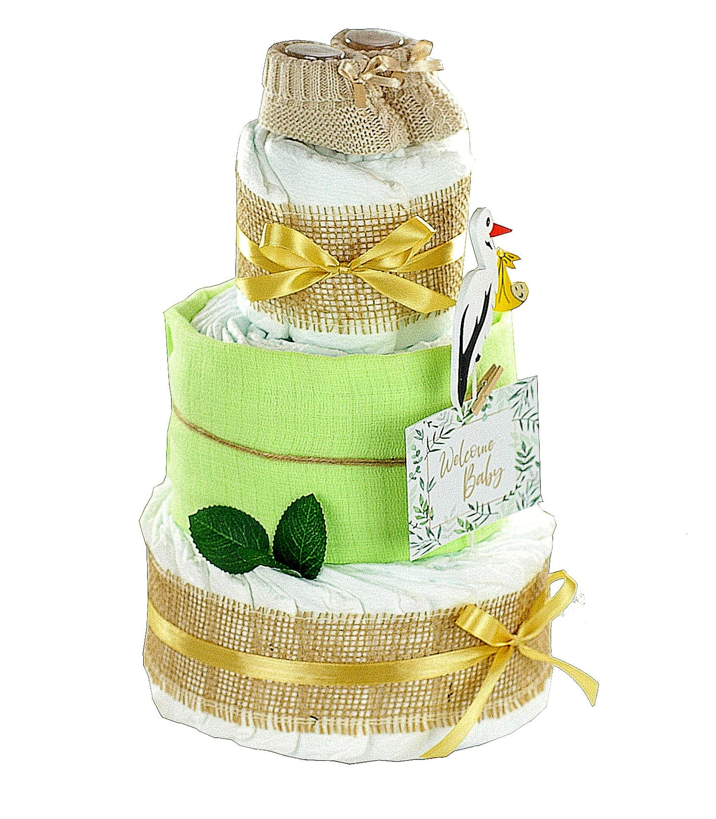 Neutrale Windeltorte Storch mit Bündel | inkl. Babybooties und Mullwindel | grün