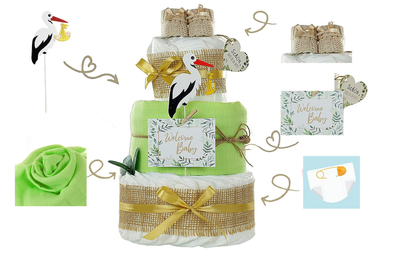Neutrale Windeltorte Storch mit Bündel | inkl. Babybooties und Mullwindel | grün
