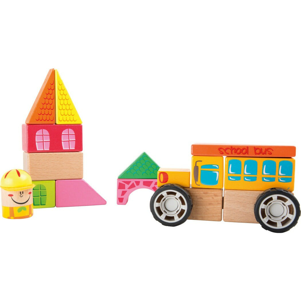Bauklötze Holz Schule Bausatz Kinderspielzeug Holzspielzeug mit Kunststoffverbindern  Schulbus ab 2 Jahren ca. 12 x 6 x 7,5 cm small foot