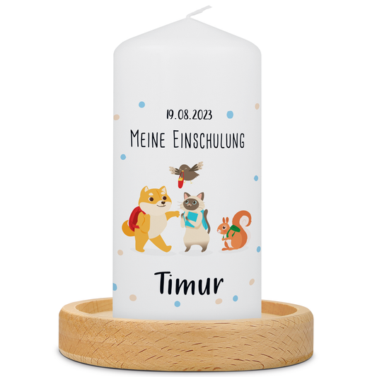 Kleine Kerze "Tiergruppe" mit Namen & Datum zur Einschulung