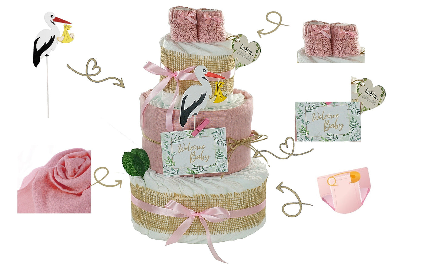 Windeltorte Storch mit Bündel | inkl. Babybooties und Mullwindel, rosa