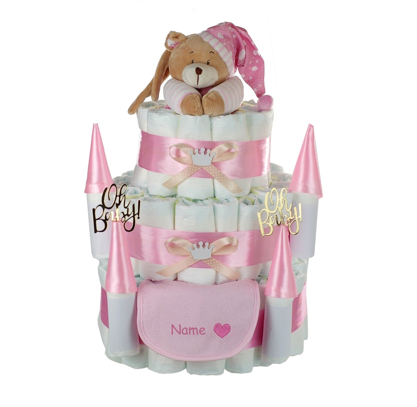 Personalisierbare Windeltorte Schloss Rosa mit Musikspieluhr