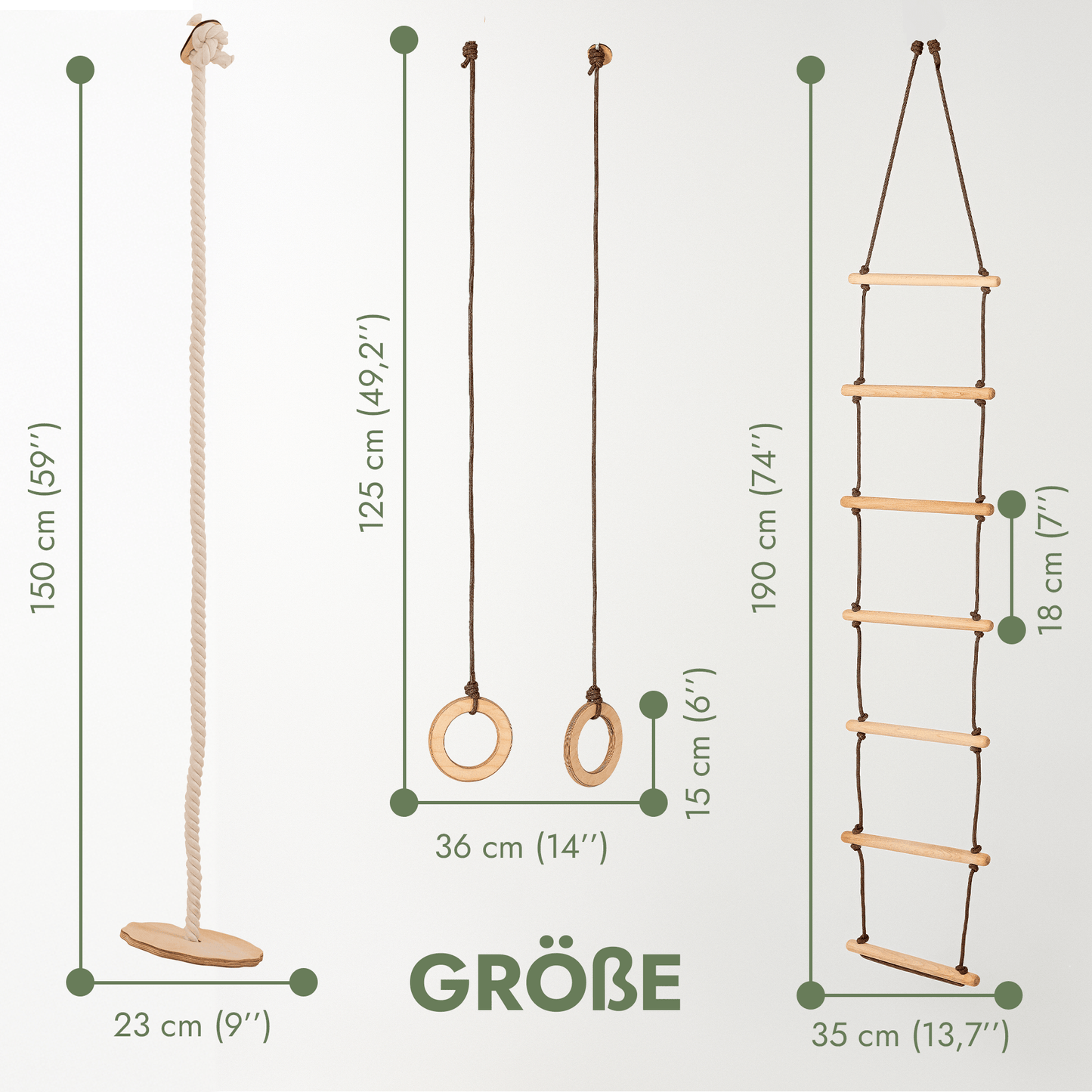 Set aus drei Schaukeln: Scheibe + Ringe + Strickleiter