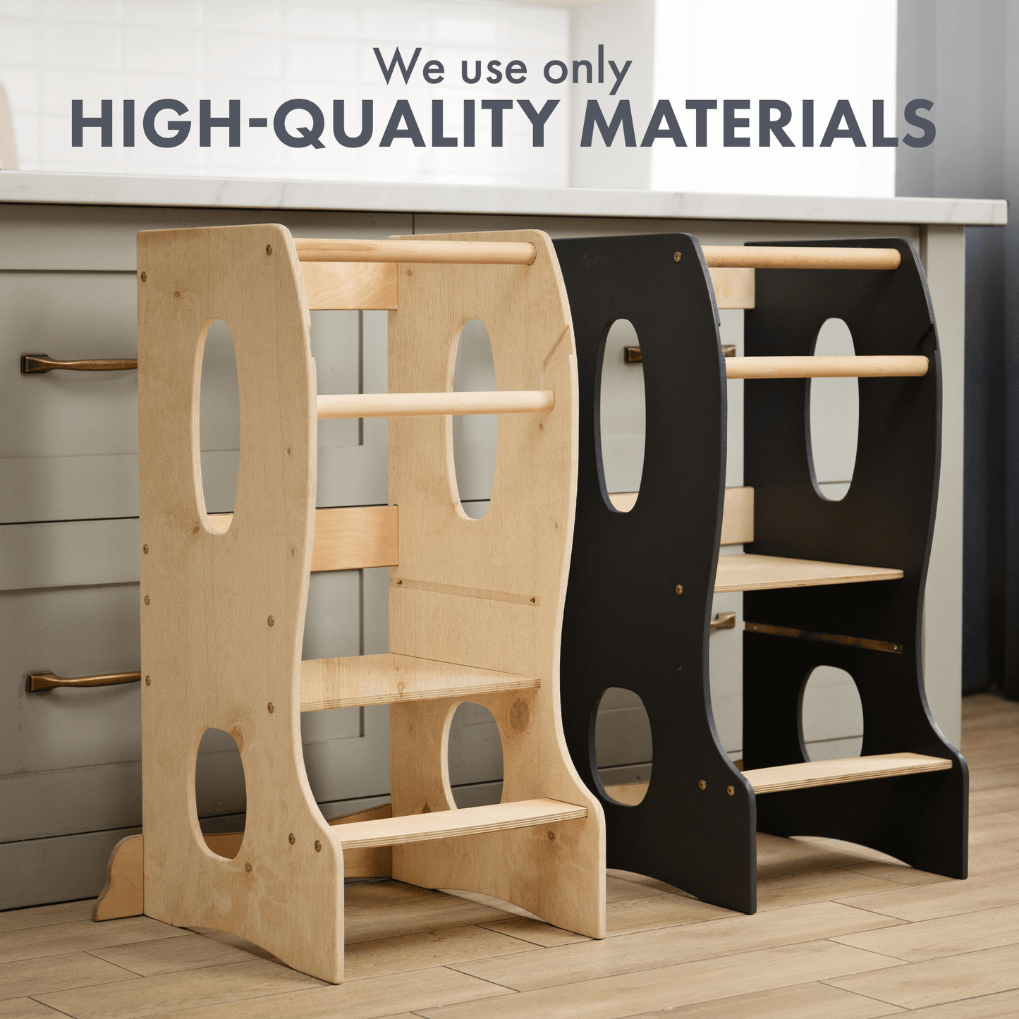Stabiler Montessori Lernturm: Mitwachsender Kinderstuhl aus Holz – Beige