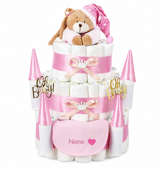 Windeltorte Schloss Rosa mit Spieluhr – personalisierbar