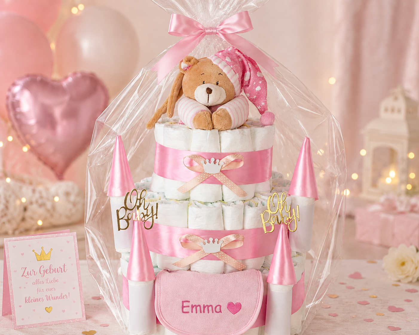 Windeltorte Schloss Rosa mit Spieluhr – personalisierbar