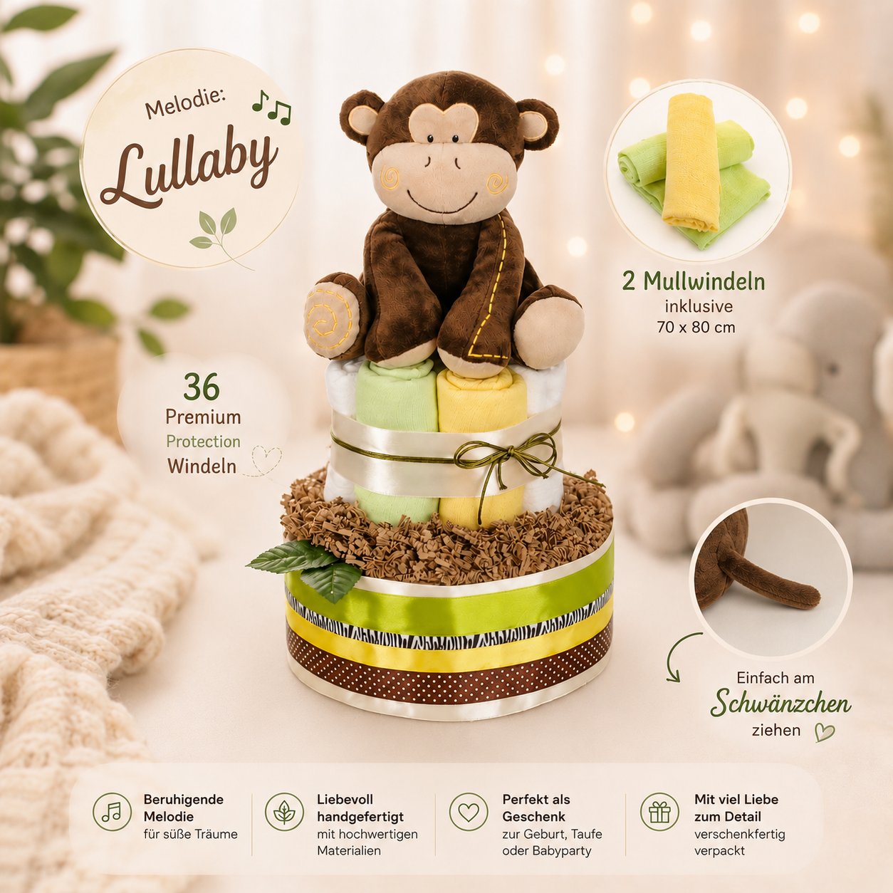 Windeltorte Safari mit Affen-Spieluhr – Geschenk zur Geburt